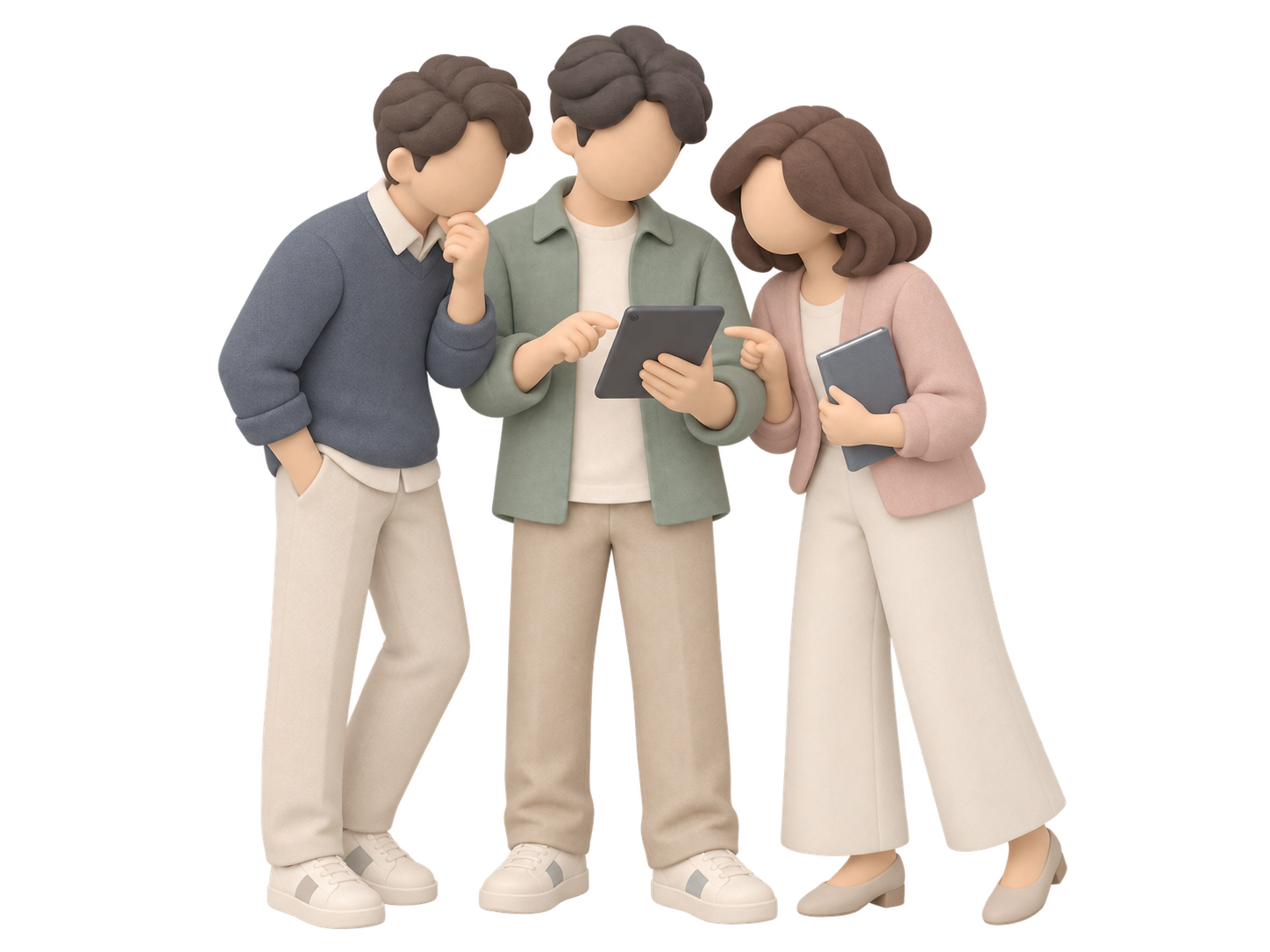 あなたと仕事仲間2人がタブレットを囲む立体イラスト
