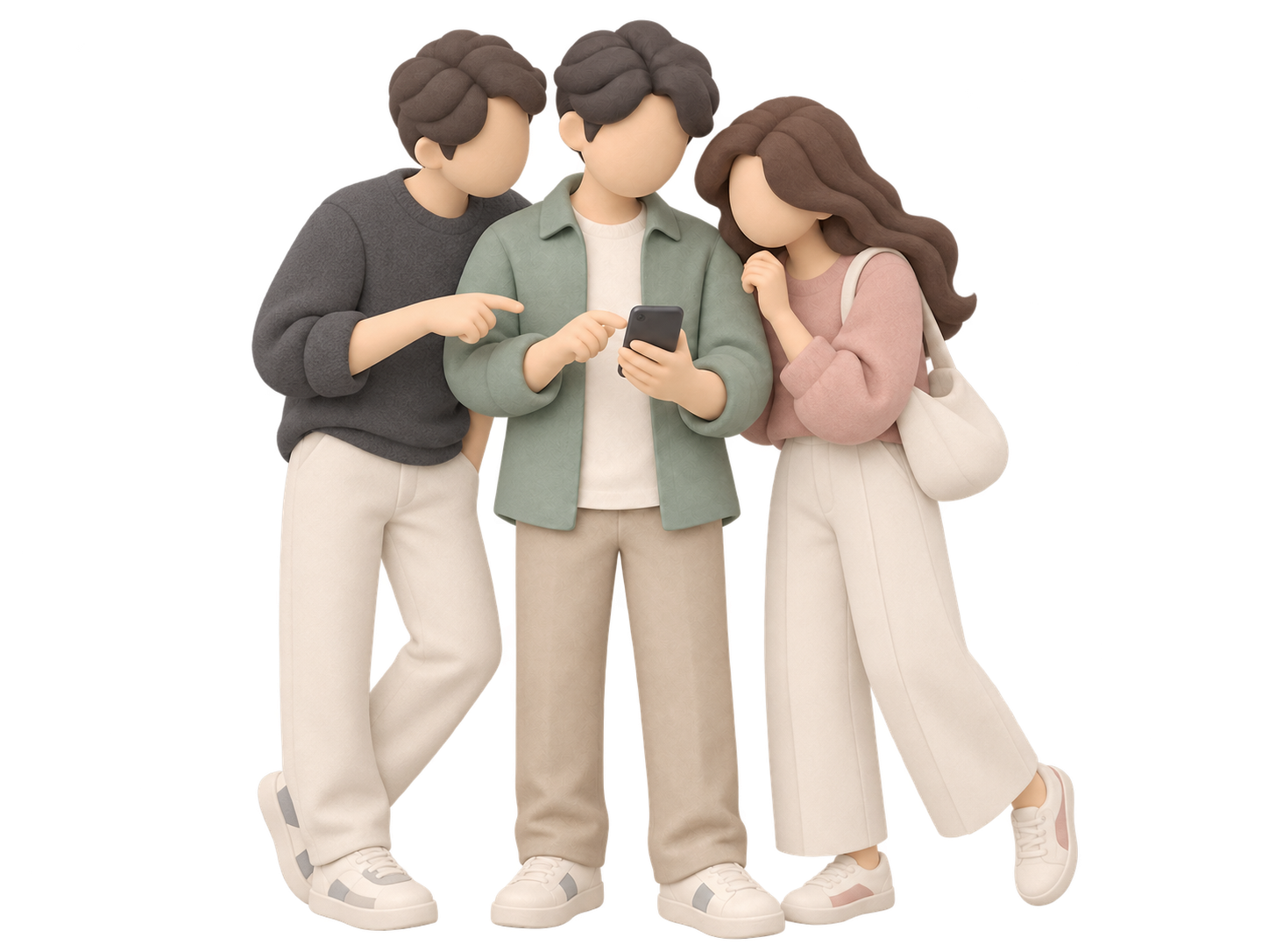 あなたと友人2人が一緒にスマートフォンを見る立体イラスト